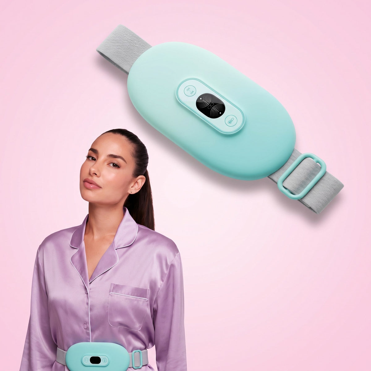 velselle cordless heating belt with a woman in lavender pajamas