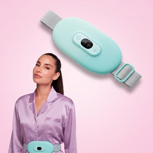 velselle cordless heating belt with a woman in lavender pajamas